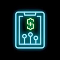 Neon icon of mobile banking app showing dollar sign on black background vector