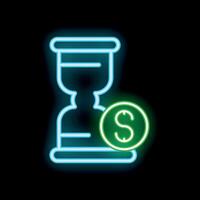 Neon icon of hourglass with falling sand and dollar coin symbolizing time is money vector