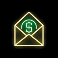 Neon envelope containing dollar currency symbol on black background vector