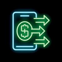 Neon sign representing mobile payment system with arrows leaving smartphone screen vector