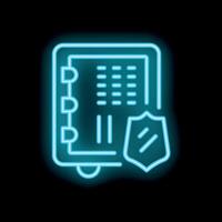 Neon blue shield protecting notebook representing data security concept vector