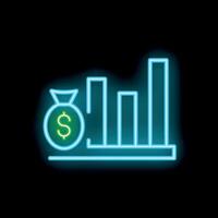 Neon sign depicting money bag and increasing bar chart on black background vector