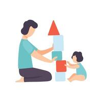 Father Playing Toy Cubes with His Toddler Baby, Dad and His Kid Having Good Time Together Illustration vector