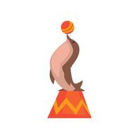Seal Standing on Pedestal and Keeps Ball on Its Nose, Animal Performing in Circus Show Cartoon Illustration vector