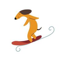 Purebred Brown Dachshund Dog Surfer Catching Wave, Funny Playful Pet Animal Cartoon Character Illustration vector