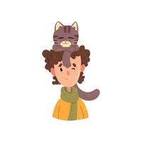 Boy and his grey cat, adorable pet sleeping on the head of its owner Illustration on a white background vector