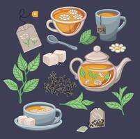 Tea set with teapots and cups, hand drawn illustration vector