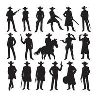 Collection of cowboy shapes in silhouette style on a neutral white background vector
