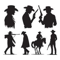 Assortment of cowboy figures in silhouette form on a white background vector