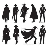 Silhouette of cowboy characters placed on a white surface vector