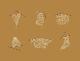 Knitting collection with needles, sweater, sock, hat, napkin, yarn, wool, cap drawing in line art style on mustard color background. vector