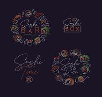 Sushi labels in neon line style drawing on dark background vector