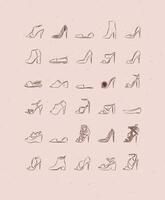 Women shoes different types set drawing in vintage style on peach color background vector