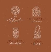 Labels globe, envelope, hand bag, jar of jam with flowers drawing on mustard background vector