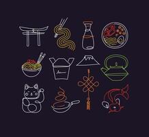 Sushi icon set in line neon style drawing on dark background vector