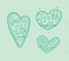 Set of valentines day flat hearts with greeting lettering drawing on green background. vector