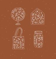 Icons globe, envelope, hand bag, jar of jam with flowers drawing on mustard background vector