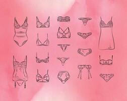 Set of classic underwear icons in vintage style drawing with lines on pink background vector