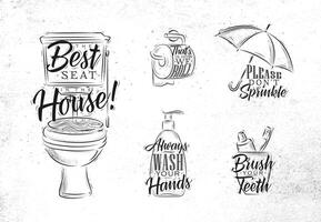 Set of toilet symbols in retro style with lettering drawing on dirty paper background vector
