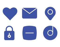 Six simple, bold blue icons on white background. Representing heart, email, location, lock, minus symbol, and music note. vector