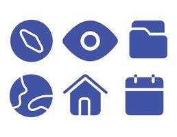 This set of six simple blue icons includes a compass, an eye, a folder, a globe, a house, and a calendar. vector