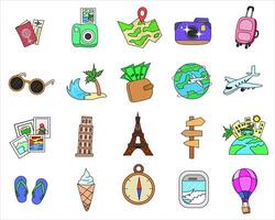 set of elements related to traveling activities, such as passport, camera, map, sunglasses, beach, globe, airplane, Leaning Tower of Pisa, Eiffel Tower, airplane window, and hot air balloon. vector