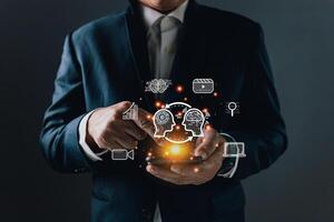 Man touch icon ai and use smartphone, Marketers education, research, analyze media streaming content creation and online marketing strategies to grow their digital business. photo