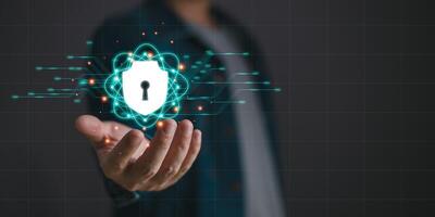 Cybersecurity and privacy protection network security computer and safe data concept. Businessmen protect personal data information from viruses with virtual screen interfaces. photo