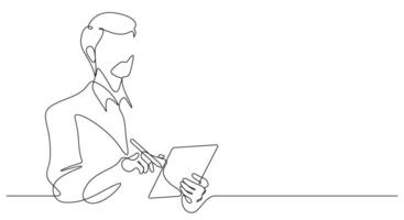 one line drawing of businessman using digital tablet and stylus pen portrait posing advertising vector