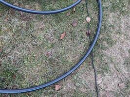 Garden hose laid out in vegetable garden rows photo