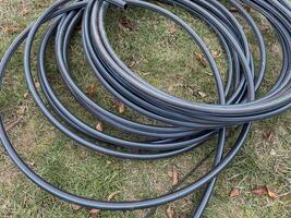 Garden hose laid out in vegetable garden rows photo
