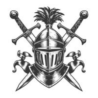 Knight helmet and two swords in a black and white drawing vector