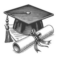 Graduation cap and diploma with scroll and tassel vector