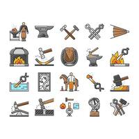 blacksmith forge anvil hammer icons set vector
