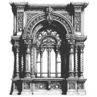 An old drawing of a window with ornate details vector