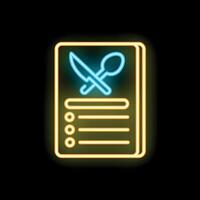 Neon sign showing menu with crossed knife and spoon on black background vector