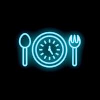 Neon style reminder clock showing lunch time with fork and spoon vector
