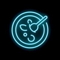 Blue neon sign of a bowl of soup with spoon on a black background vector