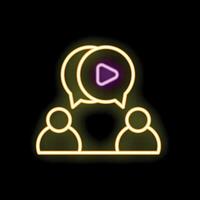 Two people discussing content under speech bubbles with play button neon sign vector