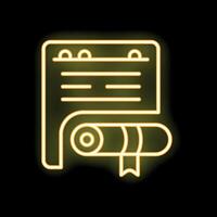 Neon yellow diploma scroll with certificate icon glowing on black background vector