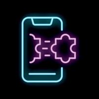 Mobile phone connecting puzzle pieces using programming code in neon light vector