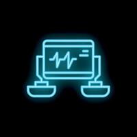 Neon sign depicting scales balancing heartbeat line and bar graph on black background vector