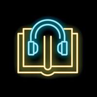 Neon icon of headphones resting on open book for audiobooks and learning vector
