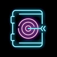 Neon icon of arrow hitting center of target on tablet screen vector