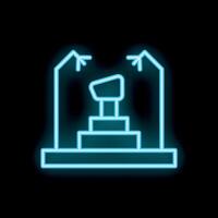 Neon sign representing a gaming joystick with arrows pointing up on a platform on black background vector