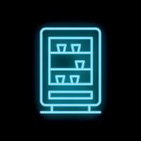 Bright blue neon icon of a vending machine displaying snacks and drinks vector