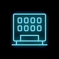 Glowing neon sign depicting a building facade at night with illuminated windows on black background vector