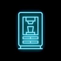 Blue neon sign coffee machine making fresh espresso using capsule system on black background vector