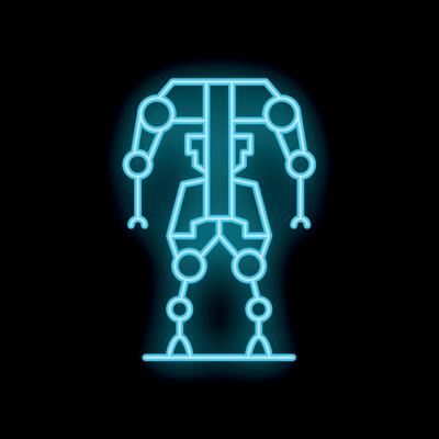 Neon blue exoskeleton standing on black background