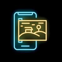 Neon smartphone showing image sharing app interface with countryside landscape vector